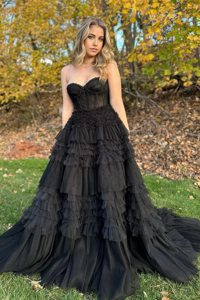 A-line Cute Tulle Ball Gown Sweetheart Black Long Prom Dress